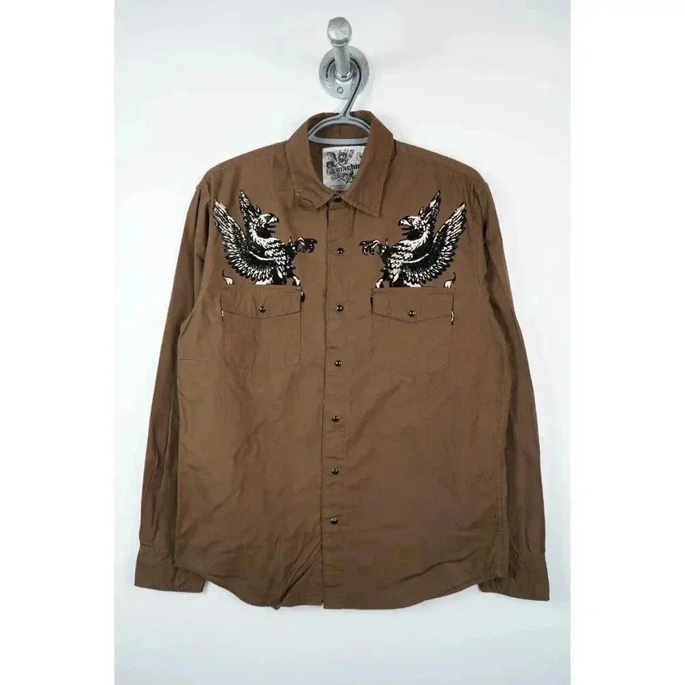 Y2K Button-down Shirt Men's Medium Brown Eagle Art #590